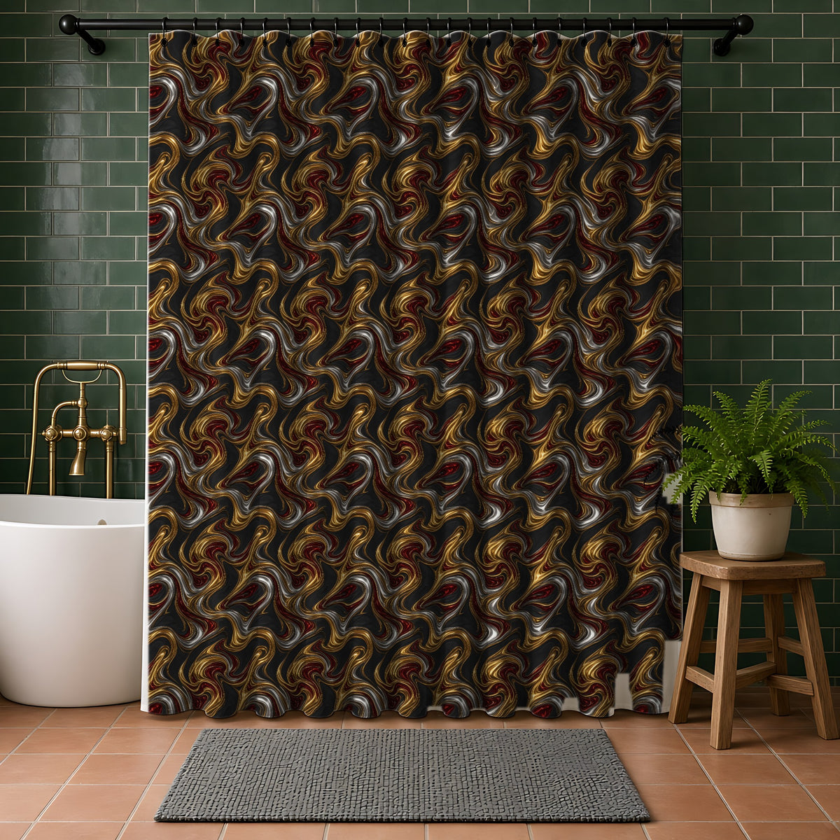 Melting Gold Ribbons Shower Curtain in a bathroom with dark green tiles