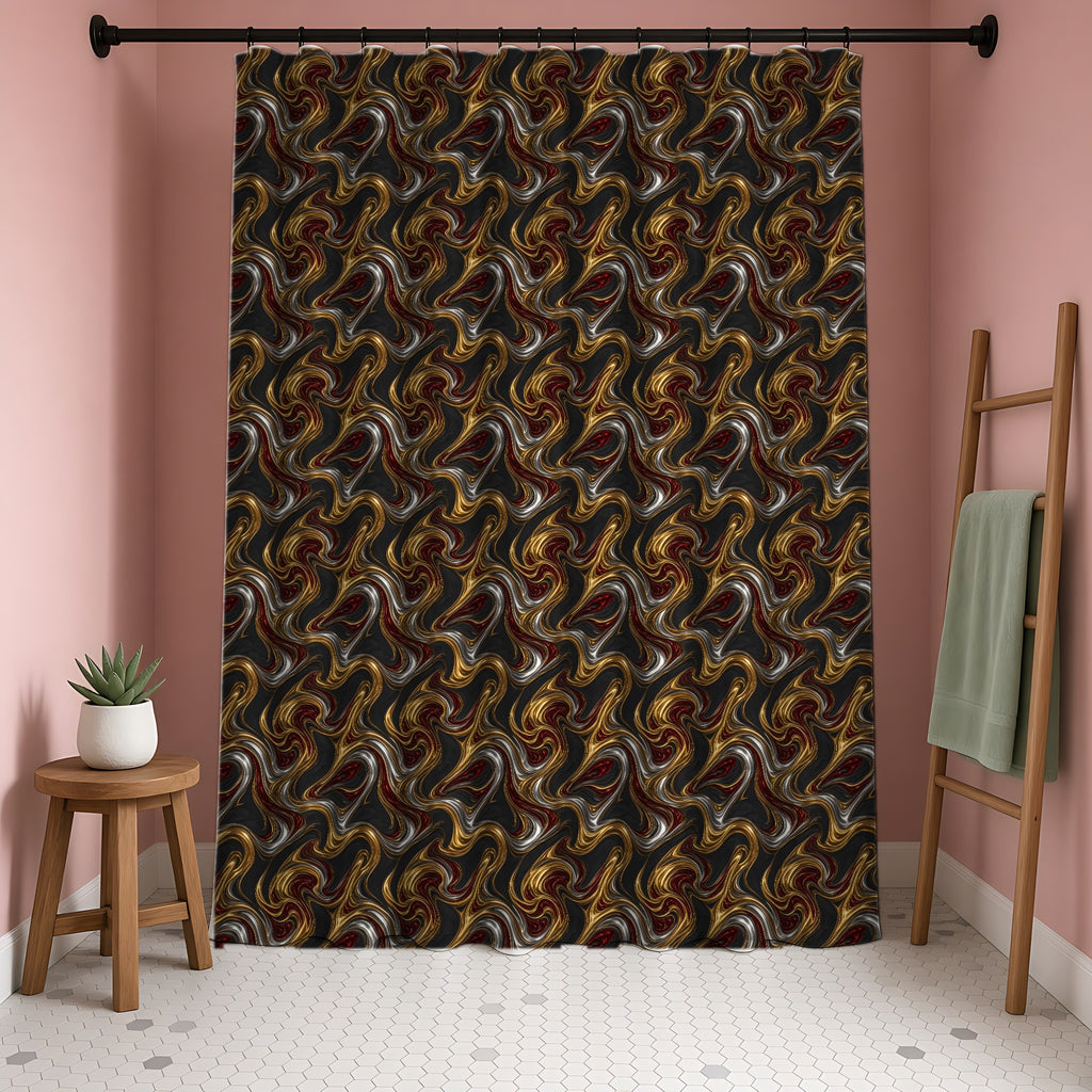 Melting Gold Ribbons Shower Curtain in a blush-pink bathroom