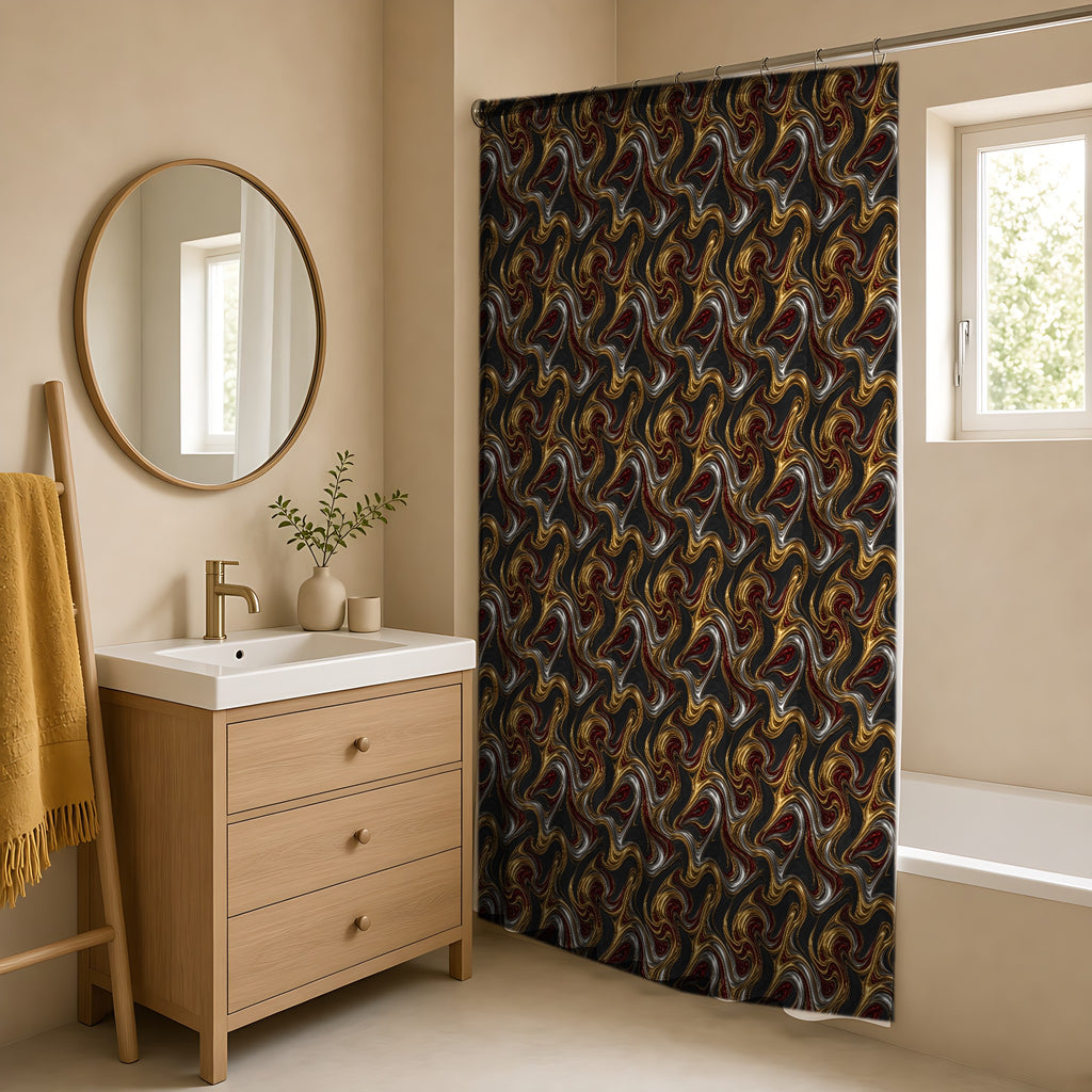 Melting Gold Ribbons Shower Curtain in a warm neutral bathroom with an oak vanity