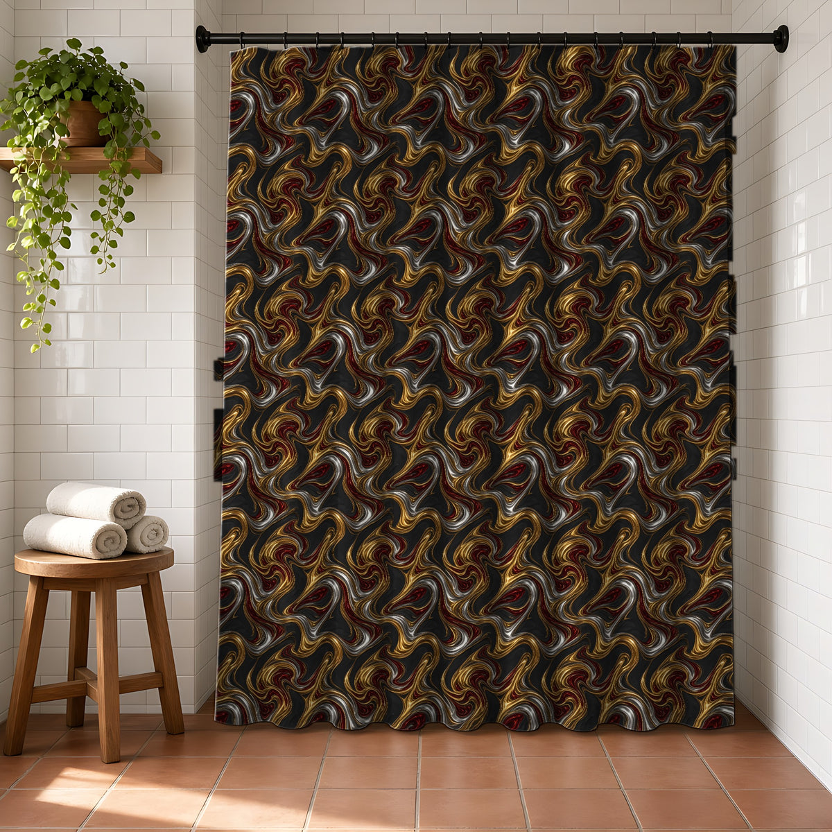 Melting Gold Ribbons Shower Curtain in a bright bathroom with white tiles and a terracotta floor