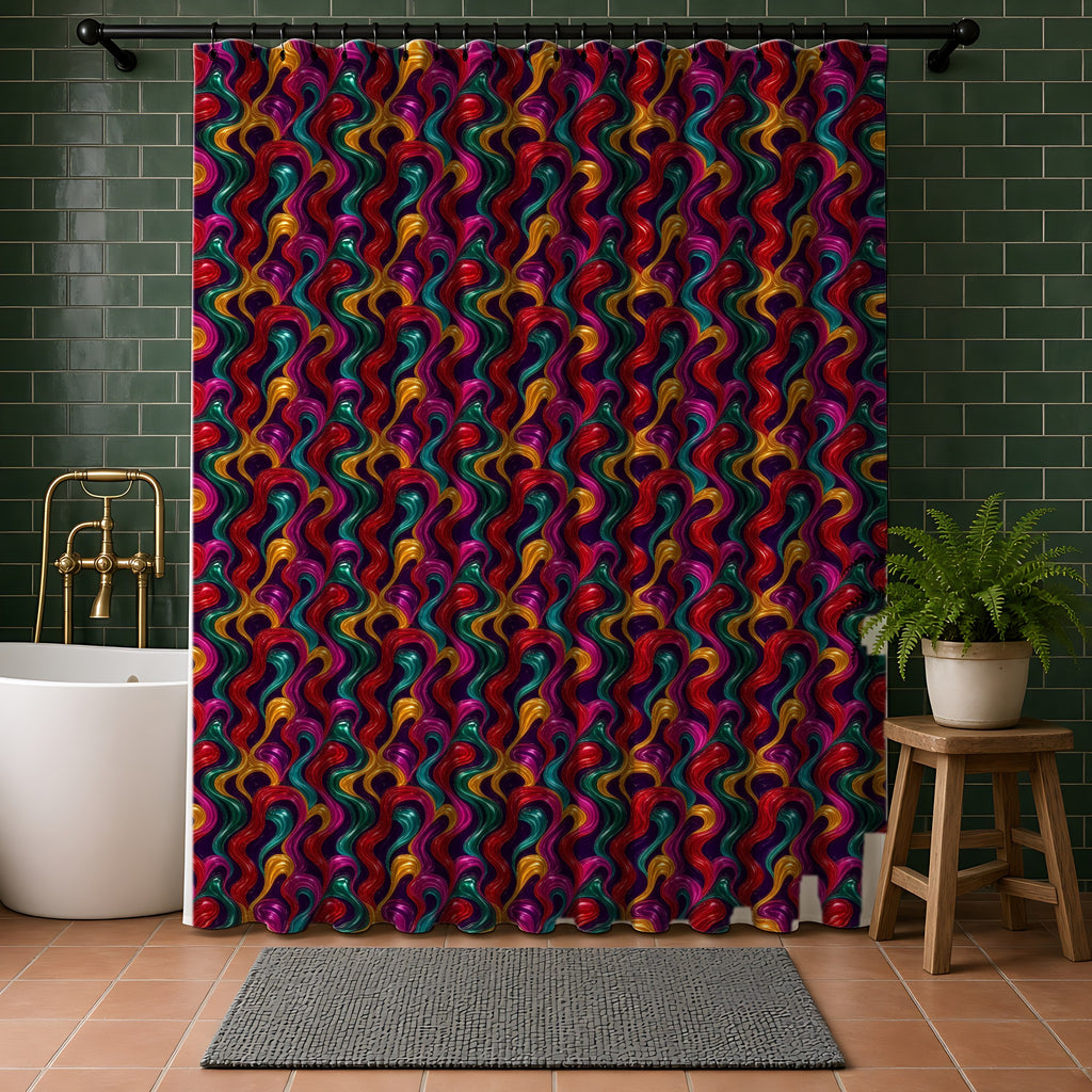 Molten Candy Ribbons Shower Curtain in a bathroom with dark green tiles