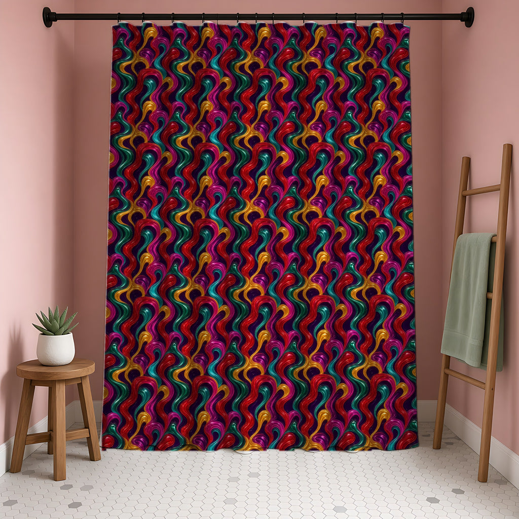 Molten Candy Ribbons Shower Curtain in a blush-pink bathroom
