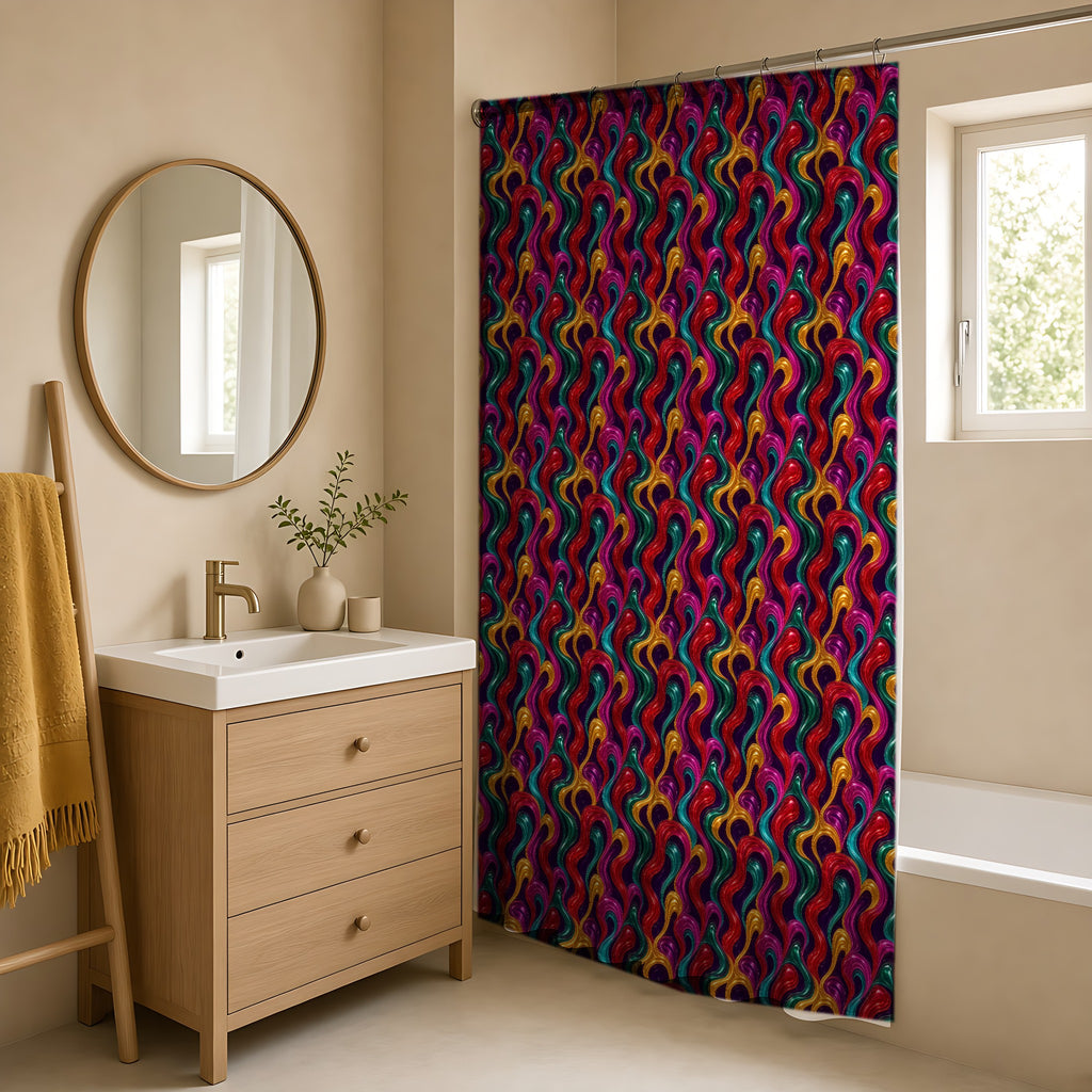 Molten Candy Ribbons Shower Curtain in a warm neutral bathroom with an oak vanity