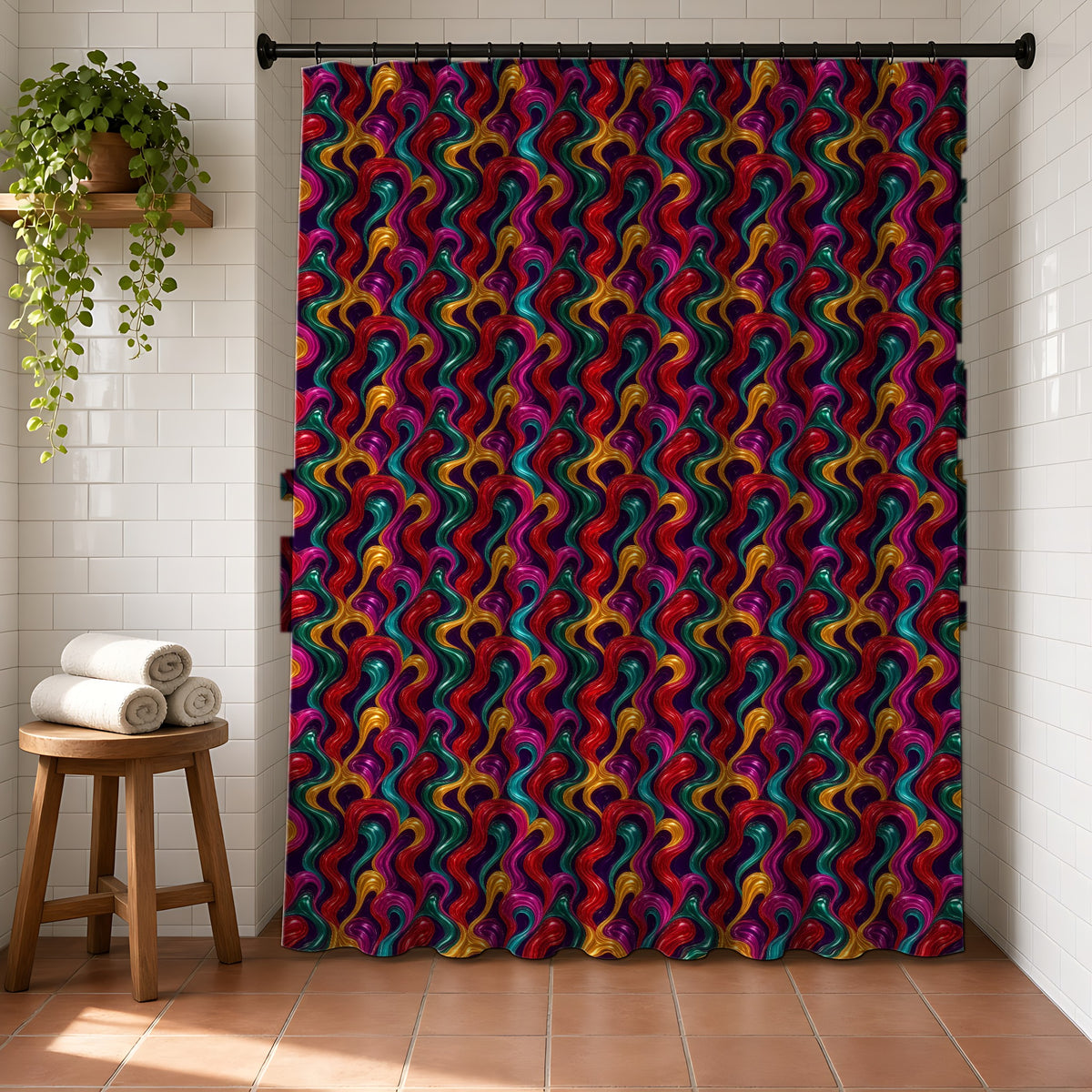 Molten Candy Ribbons Shower Curtain in a bright bathroom with white tiles and a terracotta floor