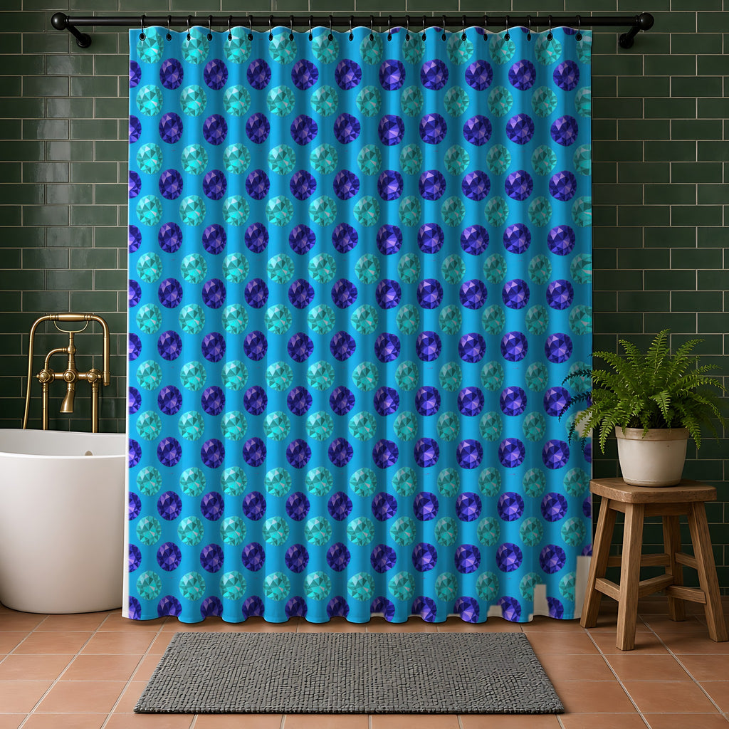 Half-Drop Gem Grid Shower Curtain in a bathroom with dark green tiles