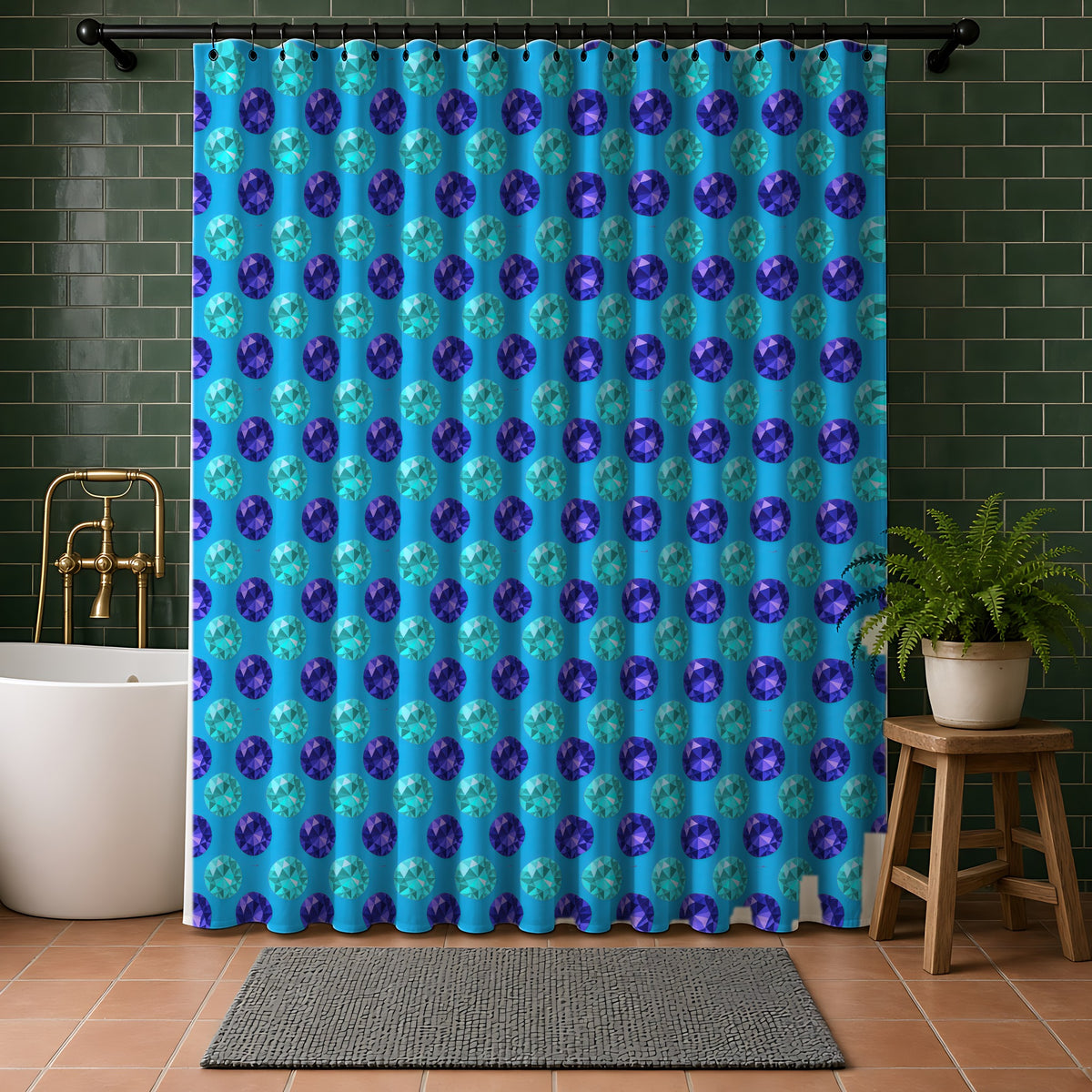 Half-Drop Gem Grid Shower Curtain in a bathroom with dark green tiles
