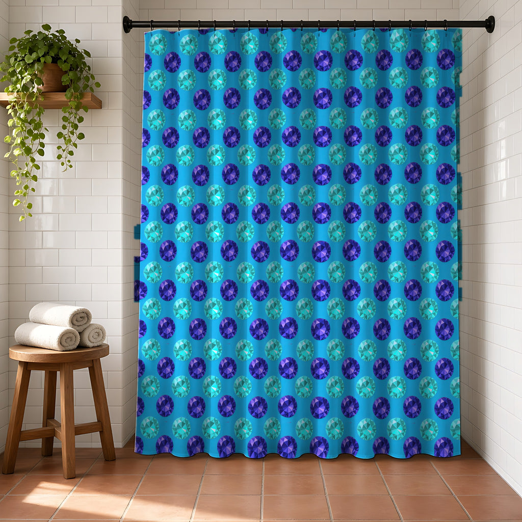 Half-Drop Gem Grid Shower Curtain in a bright bathroom with white tiles and a terracotta floor