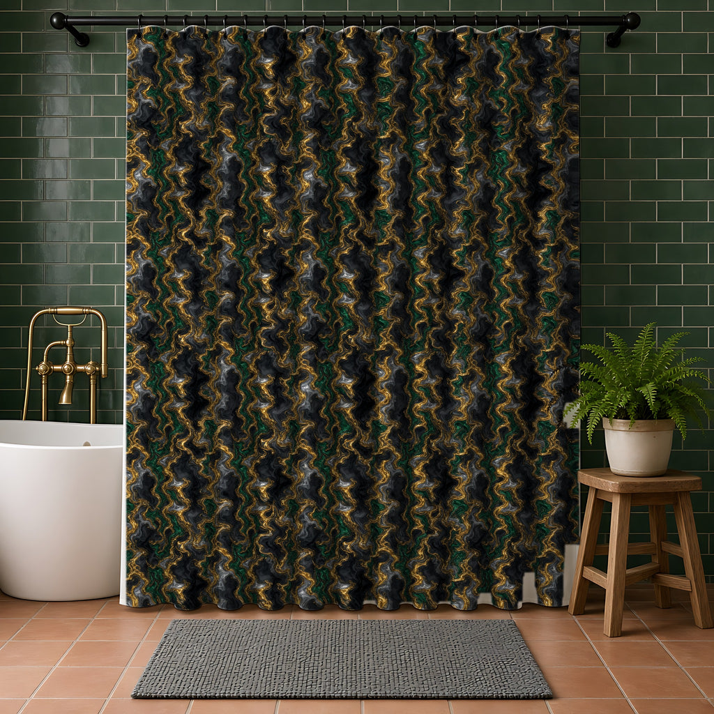 Molten Gold Marble Shower Curtain in a bathroom with dark green tiles