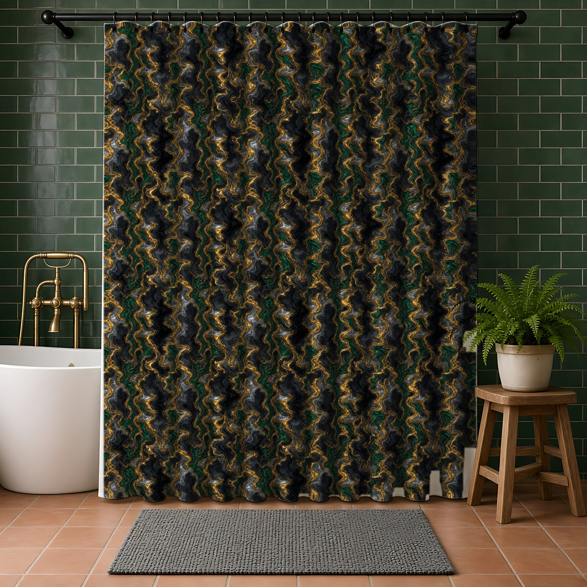 Molten Gold Marble Shower Curtain in a bathroom with dark green tiles