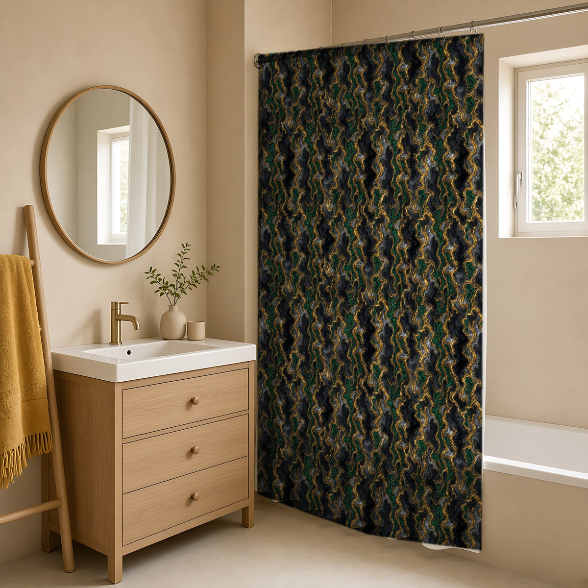 Molten Gold Marble Shower Curtain in a warm neutral bathroom with an oak vanity
