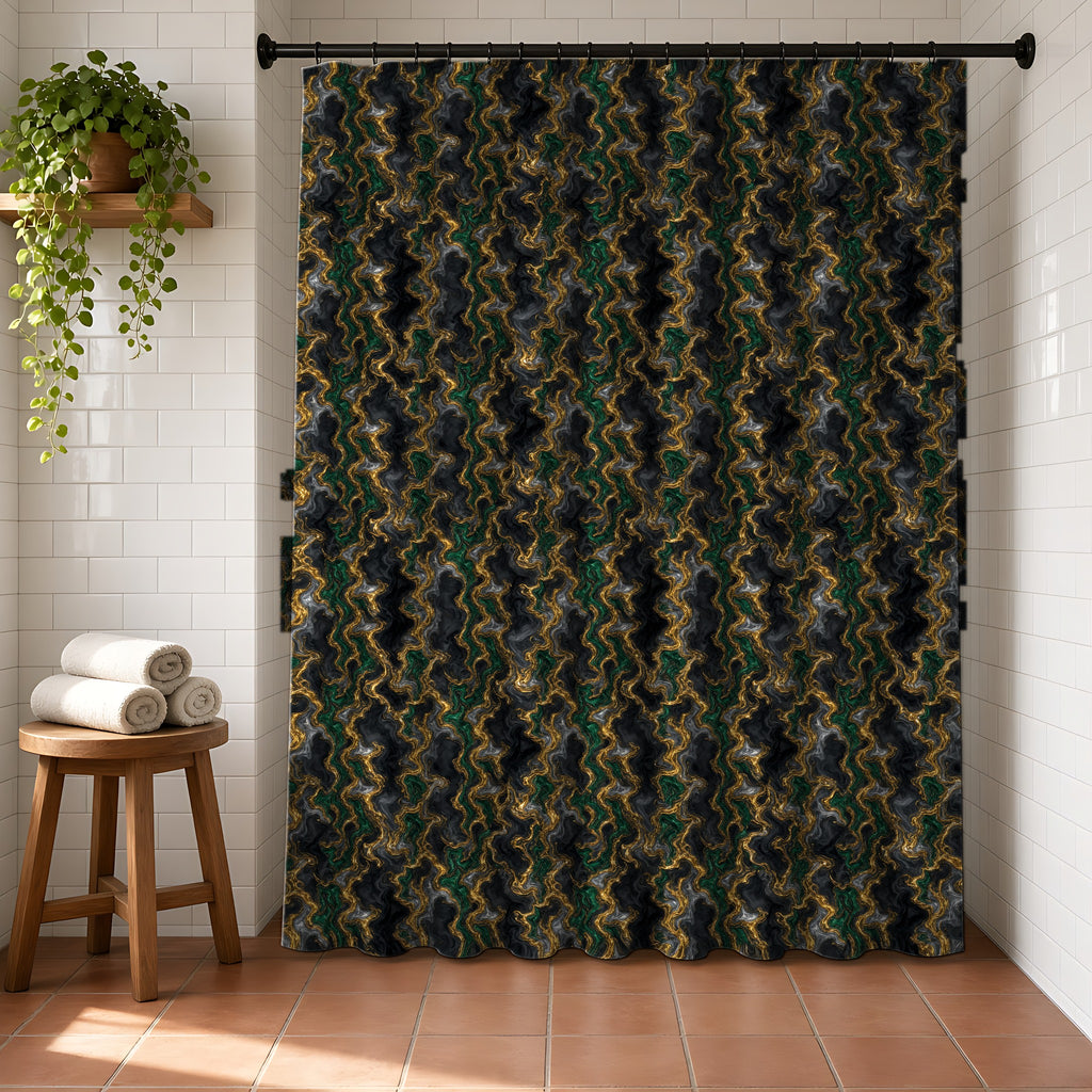Molten Gold Marble Shower Curtain in a bright bathroom with white tiles and a terracotta floor