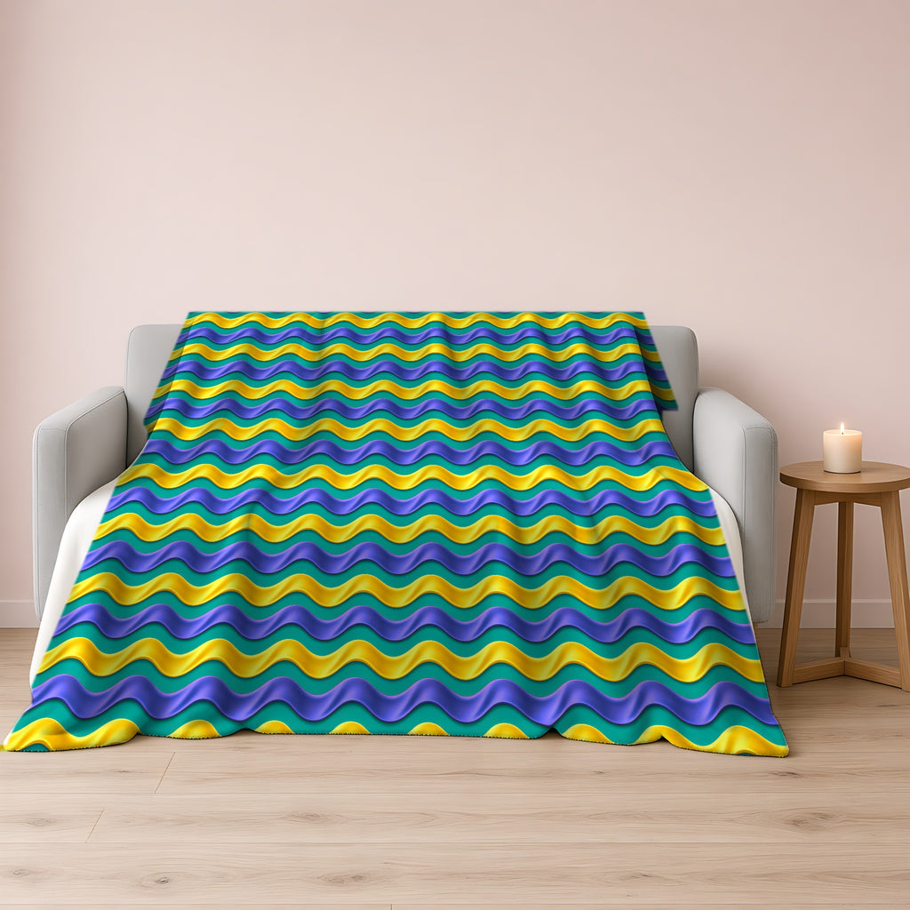 Satin Wave Bands Sherpa Fleece Blanket draped over a grey sofa