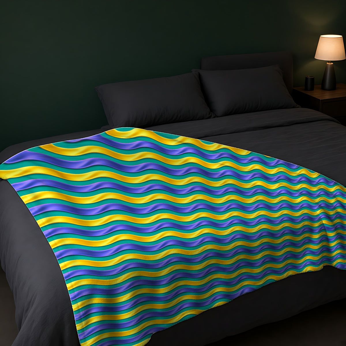 Satin Wave Bands Sherpa Fleece Blanket across the foot of a dark bed