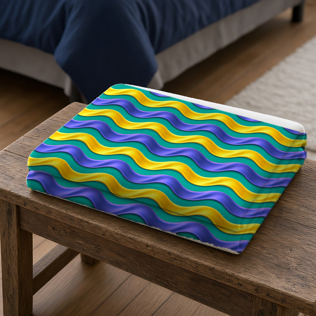 Satin Wave Bands Sherpa Fleece Blanket folded on a wooden bench