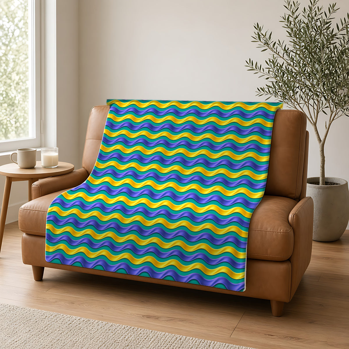 Satin Wave Bands Sherpa Fleece Blanket draped over a caramel leather sofa