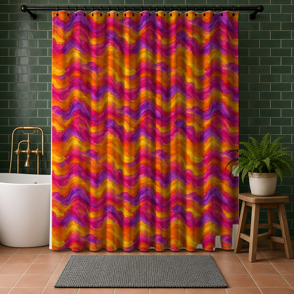 Ombre Wash Bands Shower Curtain in a bathroom with dark green tiles