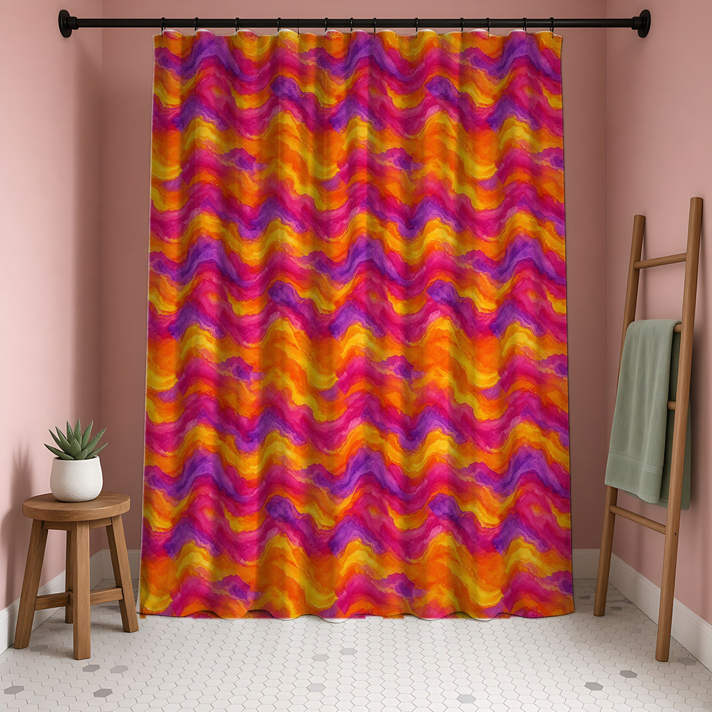 Ombre Wash Bands Shower Curtain in a blush-pink bathroom