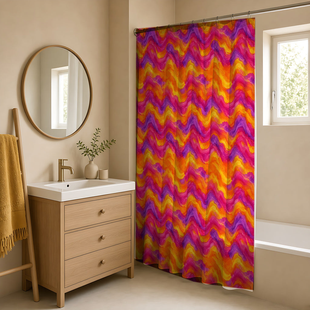 Ombre Wash Bands Shower Curtain in a warm neutral bathroom with an oak vanity
