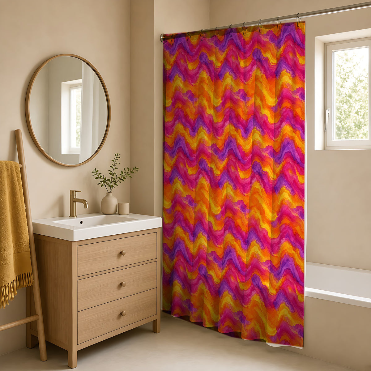Ombre Wash Bands Shower Curtain in a warm neutral bathroom with an oak vanity