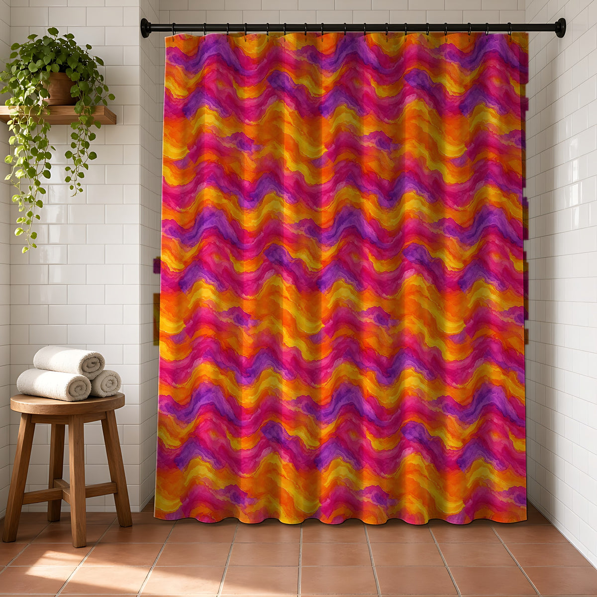 Ombre Wash Bands Shower Curtain in a bright bathroom with white tiles and a terracotta floor