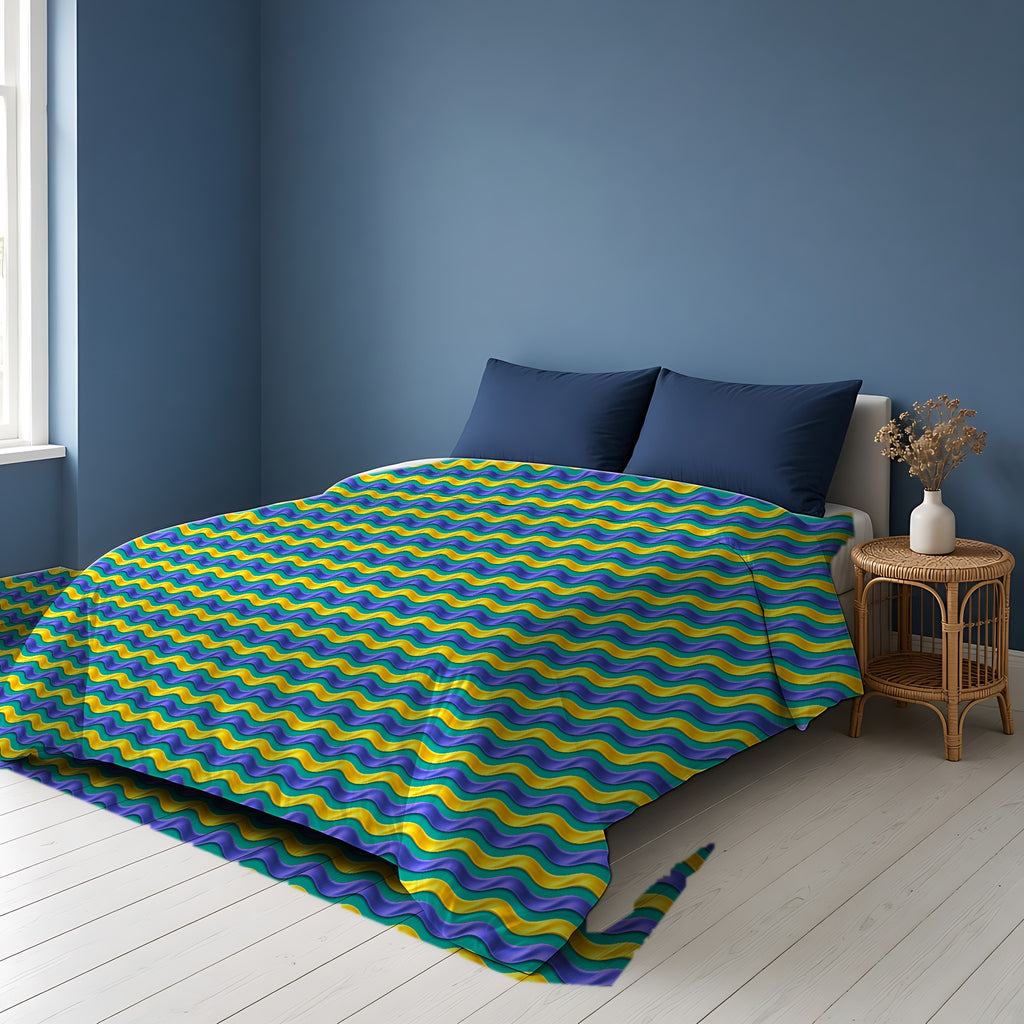 Satin Wave Bands Comforter on a bed in a Scandinavian blue bedroom