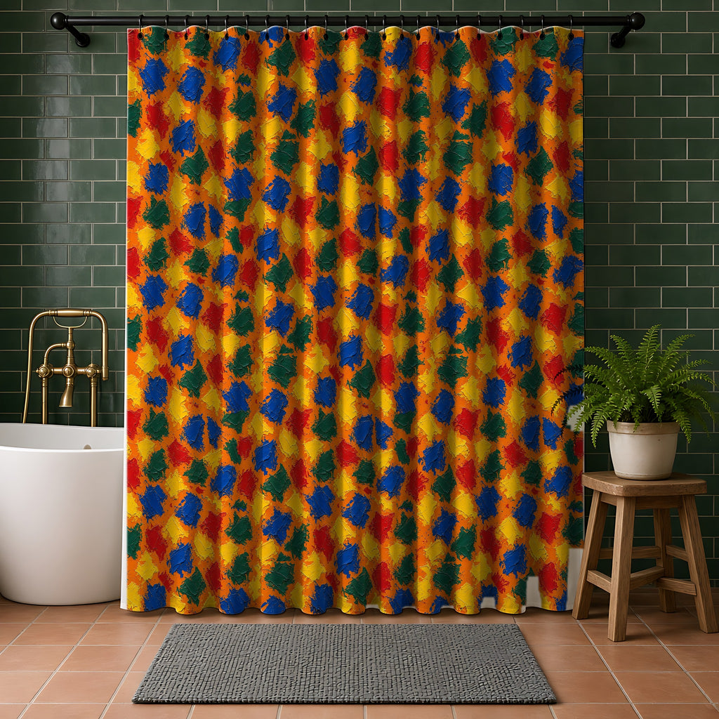 Palette Knife Slabs Shower Curtain in a bathroom with dark green tiles