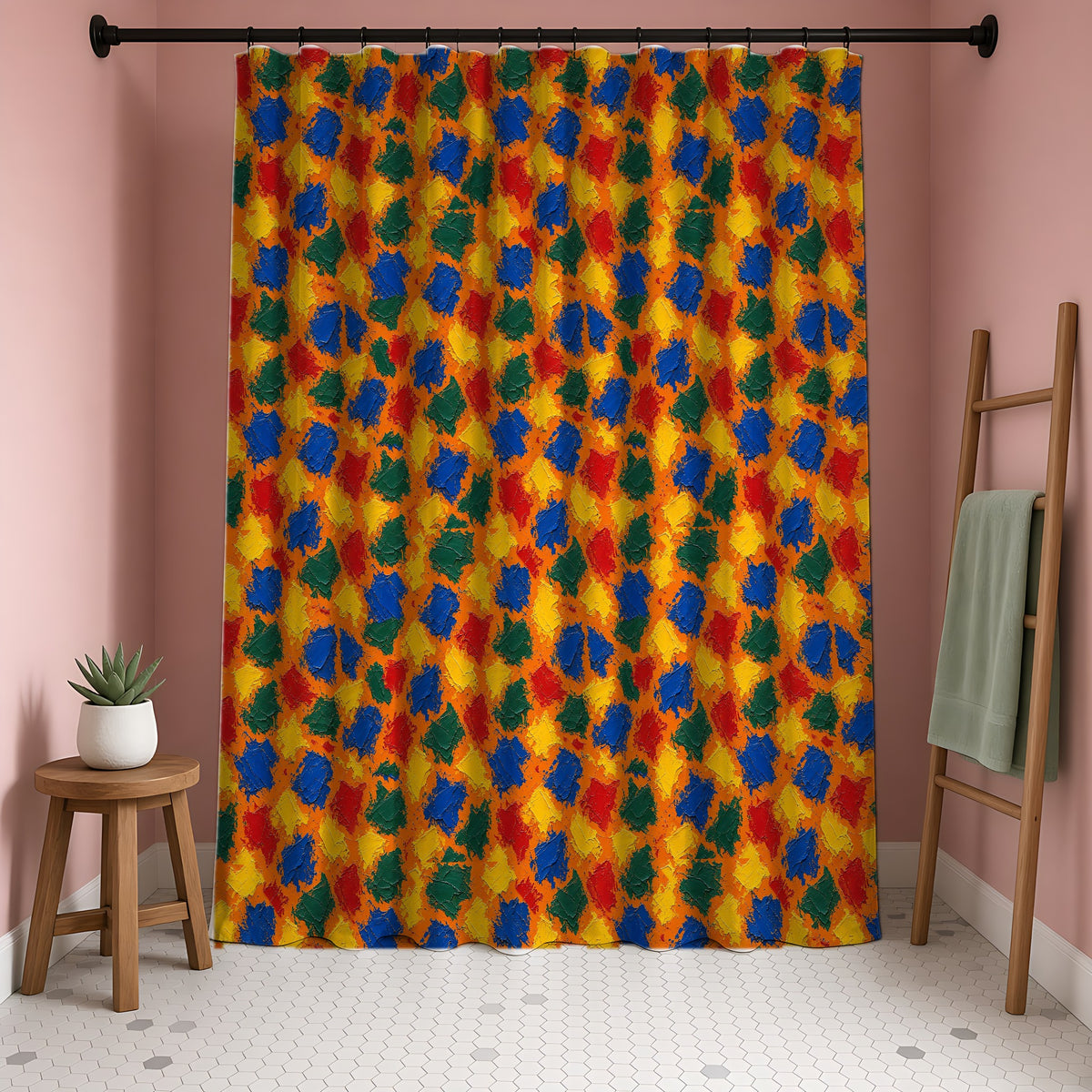 Palette Knife Slabs Shower Curtain in a blush-pink bathroom