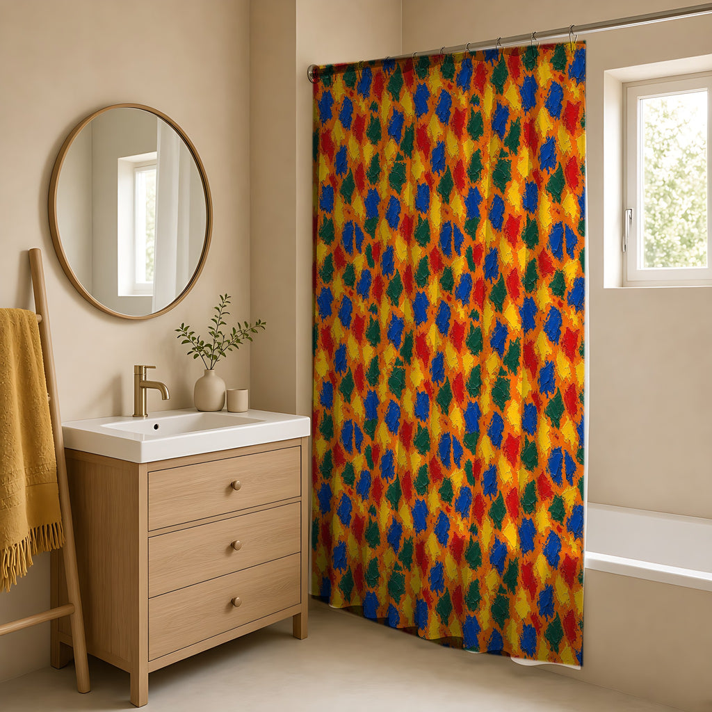 Palette Knife Slabs Shower Curtain in a warm neutral bathroom with an oak vanity