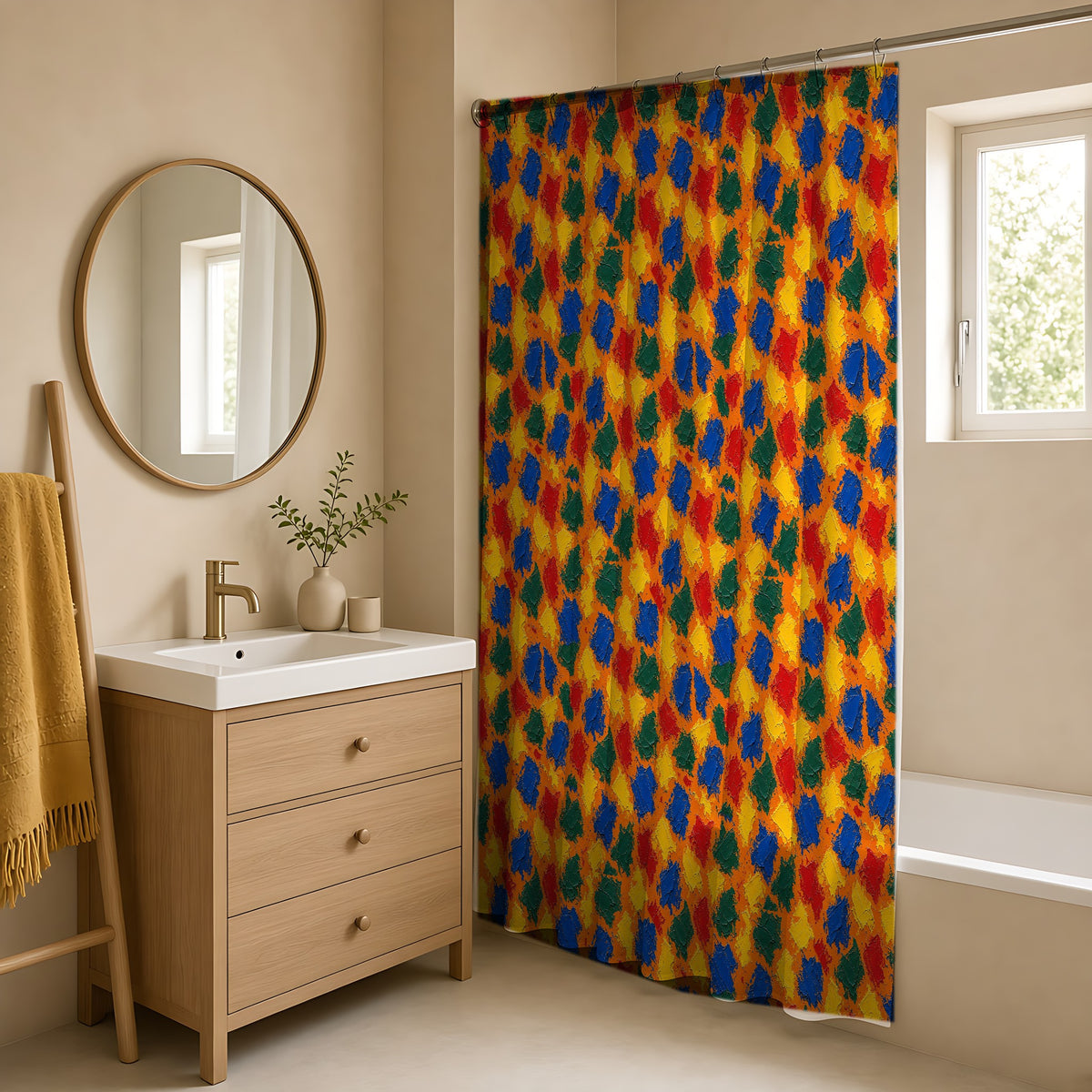 Palette Knife Slabs Shower Curtain in a warm neutral bathroom with an oak vanity