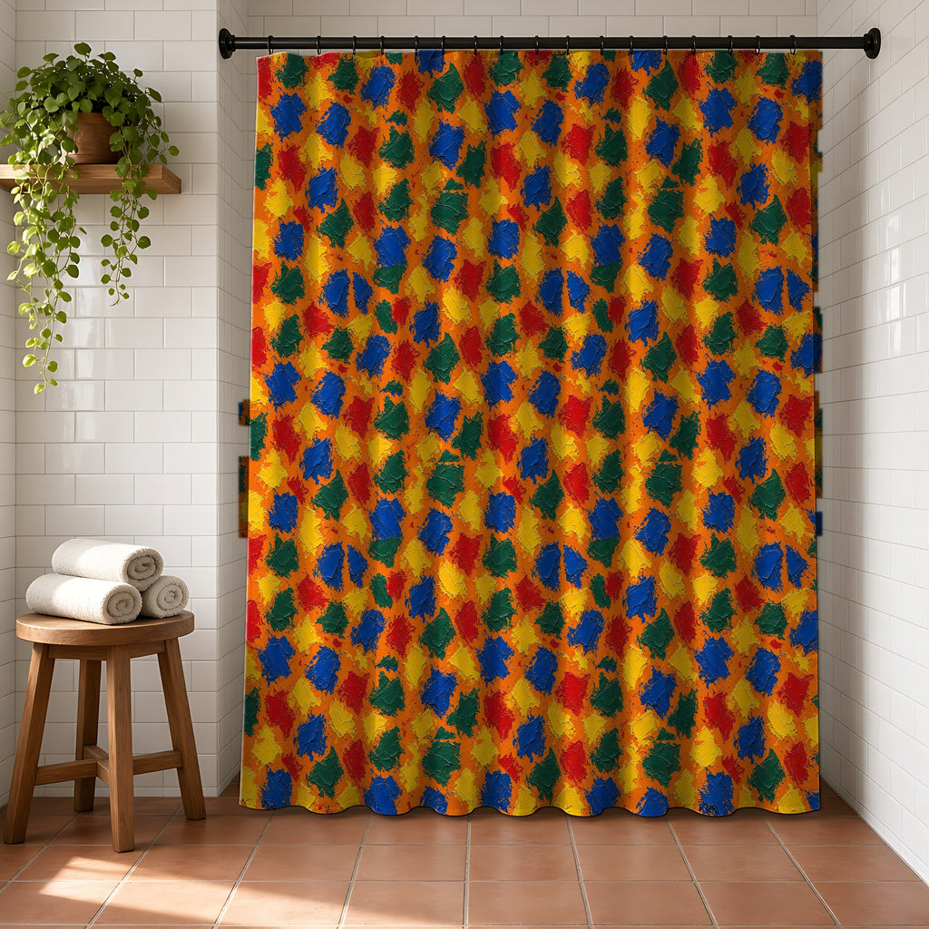 Palette Knife Slabs Shower Curtain in a bright bathroom with white tiles and a terracotta floor