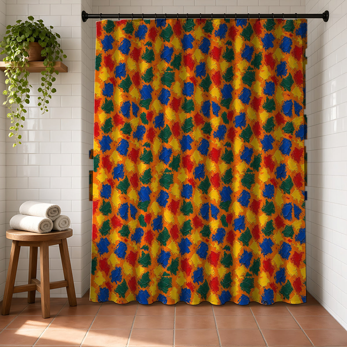 Palette Knife Slabs Shower Curtain in a bright bathroom with white tiles and a terracotta floor