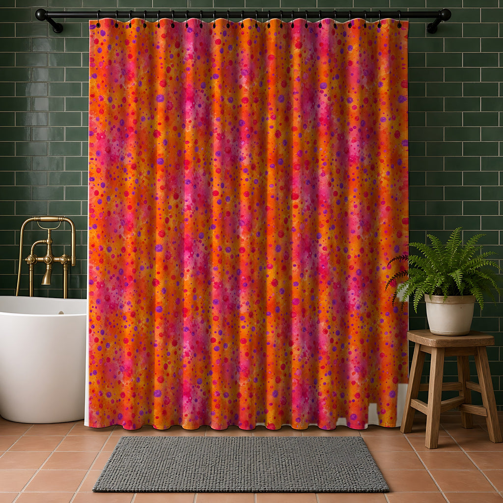 Pigment Dot Bleeds Shower Curtain in a bathroom with dark green tiles