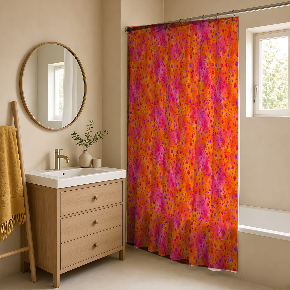 Pigment Dot Bleeds Shower Curtain in a warm neutral bathroom with an oak vanity