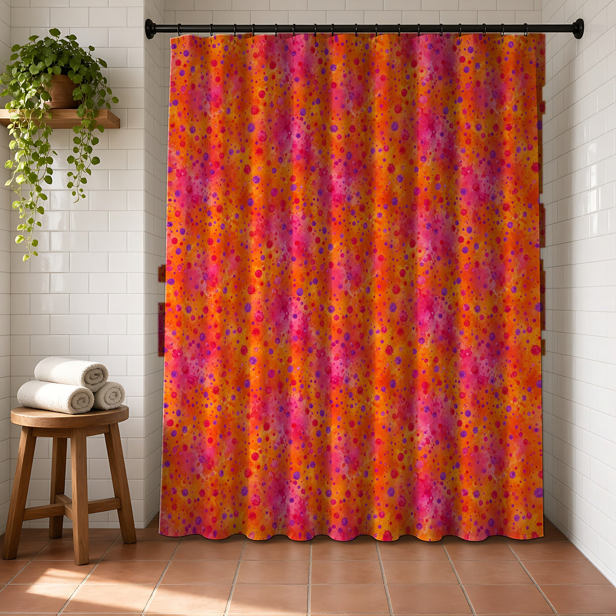 Pigment Dot Bleeds Shower Curtain in a bright bathroom with white tiles and a terracotta floor