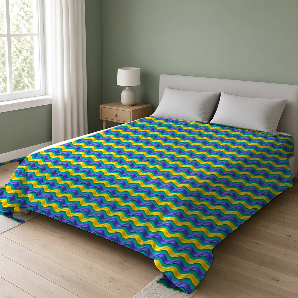 Satin Wave Bands Cotton Duvet Cover on a double bed in a bright sage-green bedroom
