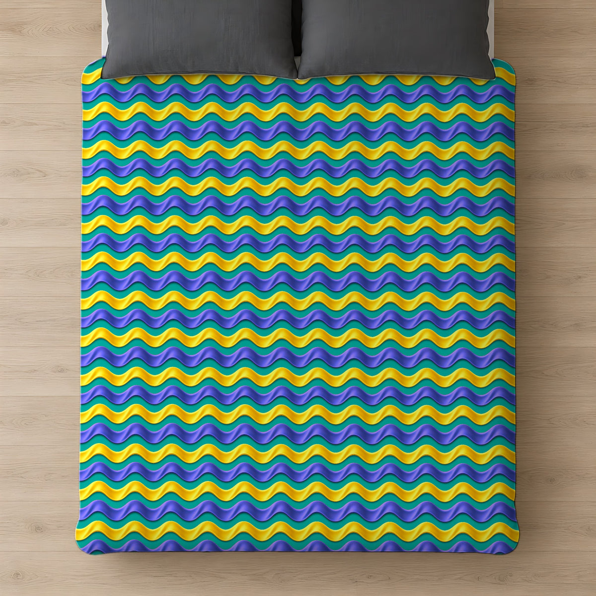 Satin Wave Bands Cotton Duvet Cover on a bed, seen from above
