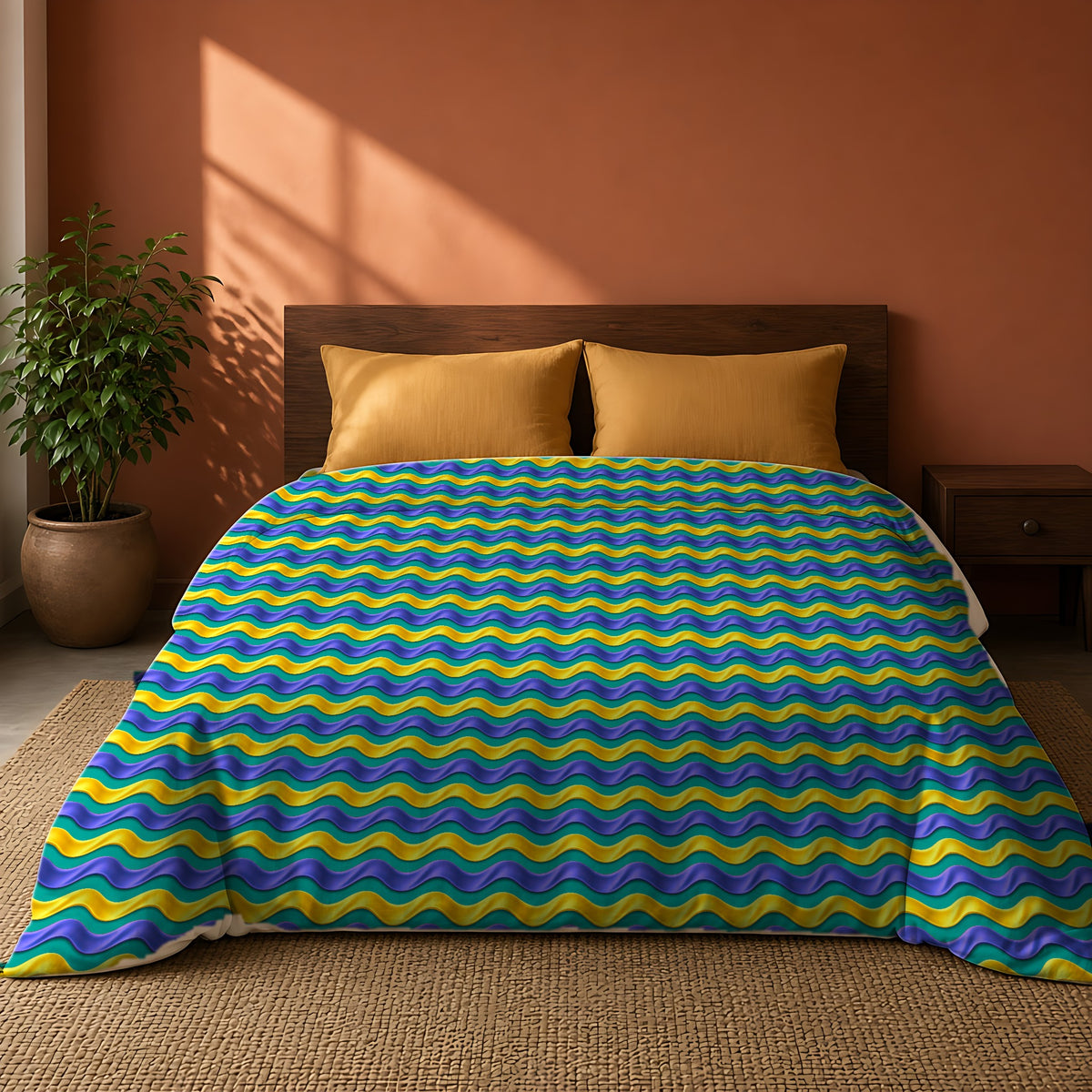 Satin Wave Bands Cotton Duvet Cover on a king bed against a warm terracotta wall
