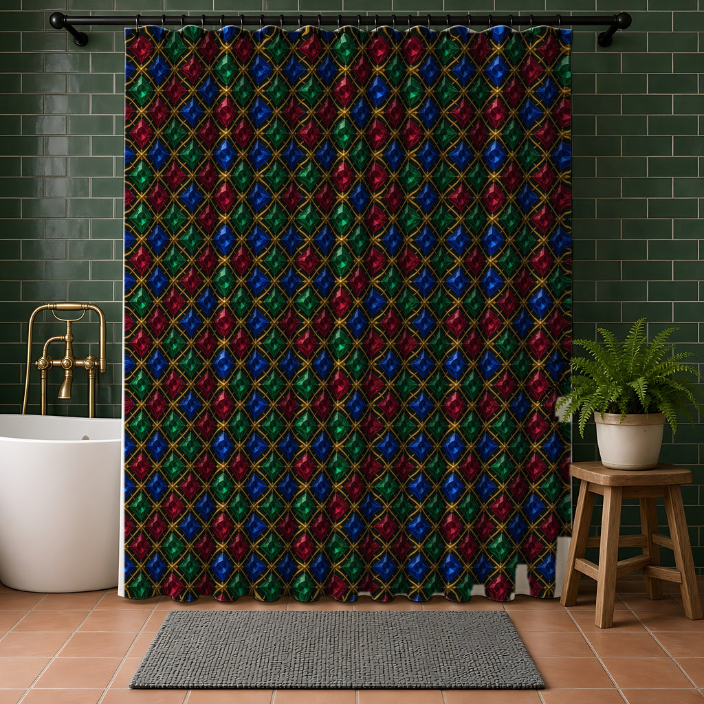 Prismatic Diamond Lattice Shower Curtain in a bathroom with dark green tiles