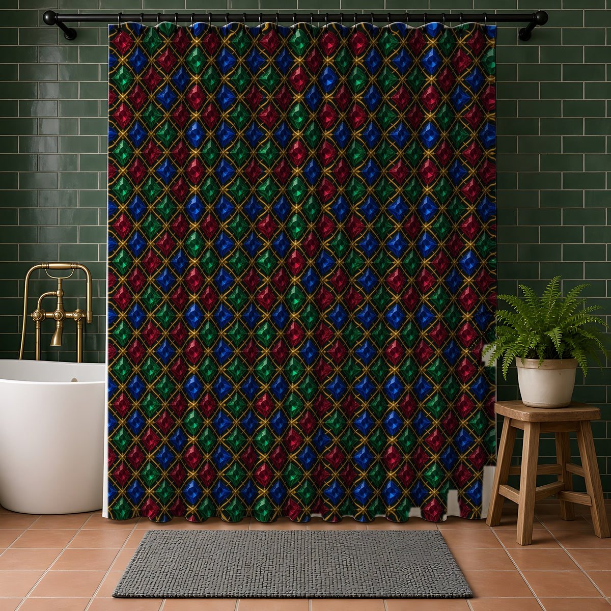 Prismatic Diamond Lattice Shower Curtain in a bathroom with dark green tiles