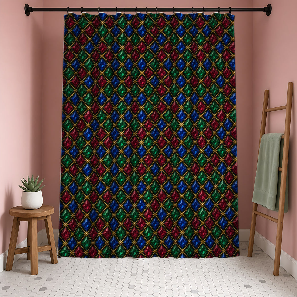 Prismatic Diamond Lattice Shower Curtain in a blush-pink bathroom