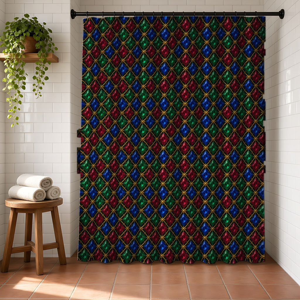 Prismatic Diamond Lattice Shower Curtain in a bright bathroom with white tiles and a terracotta floor