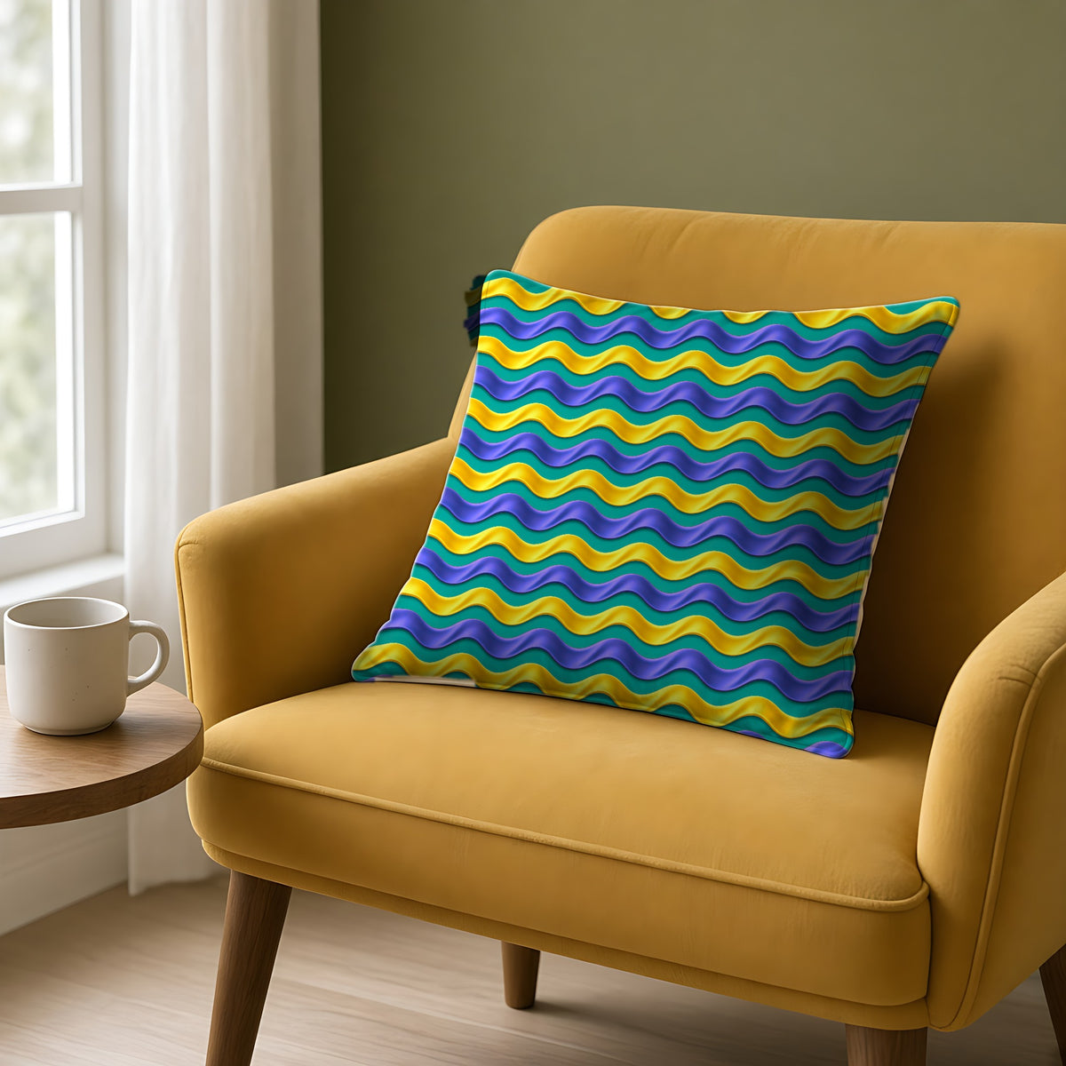 Satin Wave Bands Faux Suede Cushion on a mustard armchair by a window