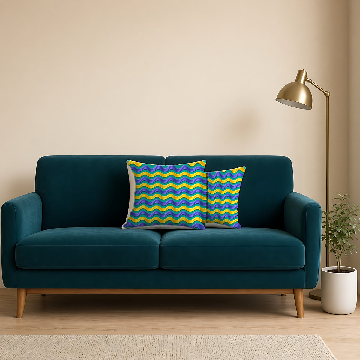 Satin Wave Bands Faux Suede Cushion on a teal velvet sofa