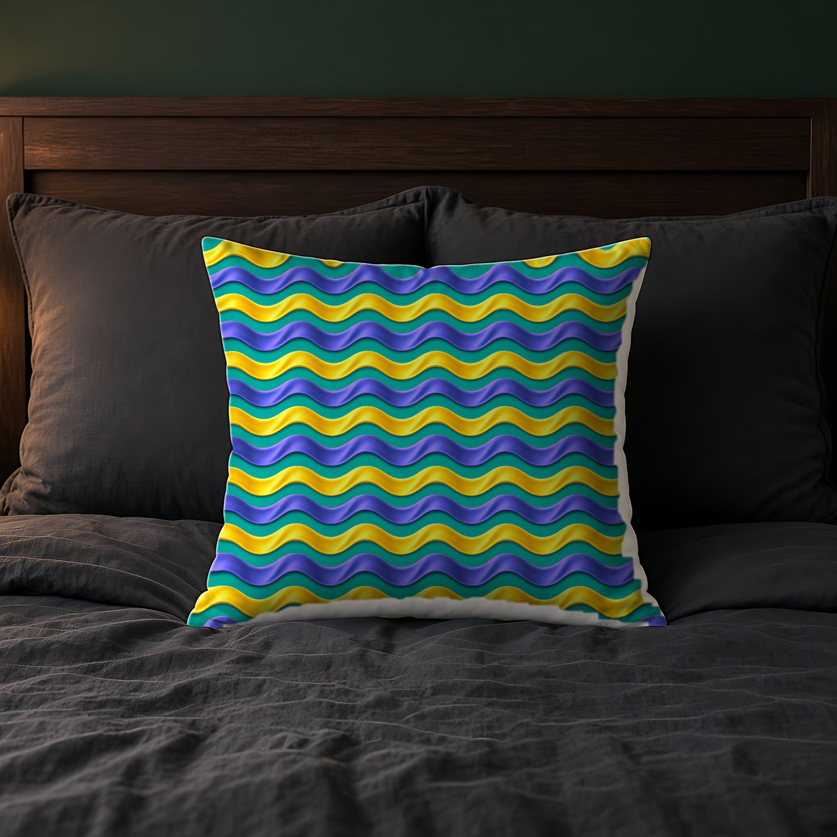 Satin Wave Bands Faux Suede Cushion on a bed with charcoal bedding