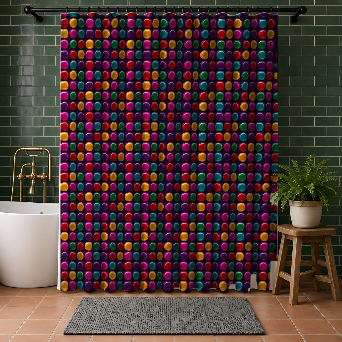 Puffy Glass Cushions Shower Curtain in a bathroom with dark green tiles