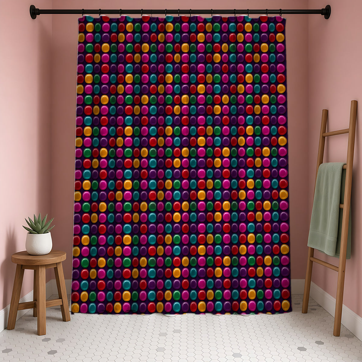 Puffy Glass Cushions Shower Curtain in a blush-pink bathroom