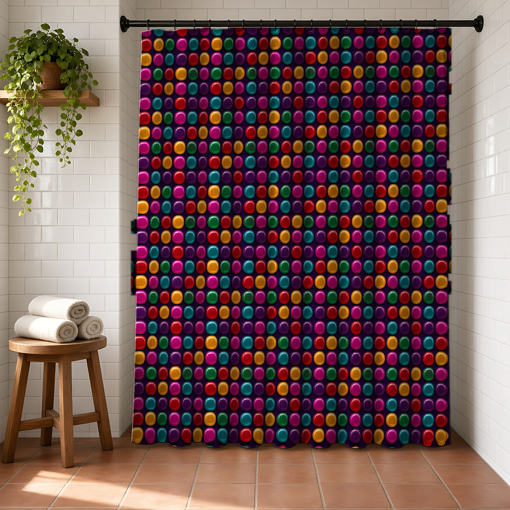 Puffy Glass Cushions Shower Curtain in a bright bathroom with white tiles and a terracotta floor