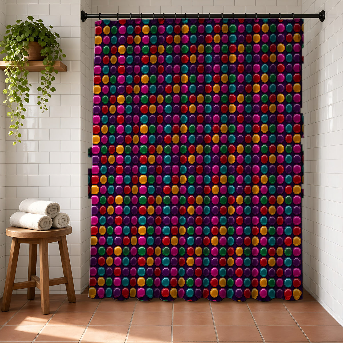 Puffy Glass Cushions Shower Curtain in a bright bathroom with white tiles and a terracotta floor