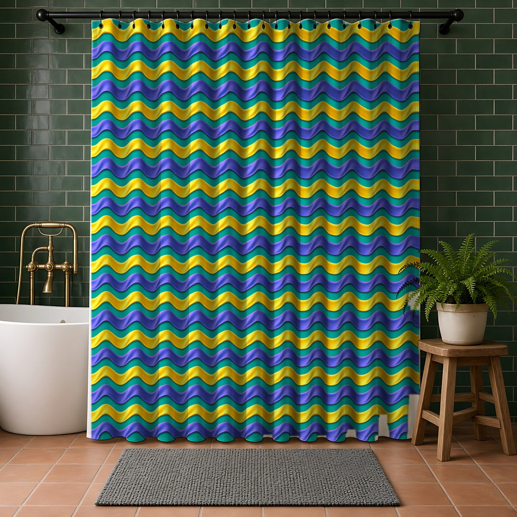 Satin Wave Bands Shower Curtain in a bathroom with dark green tiles