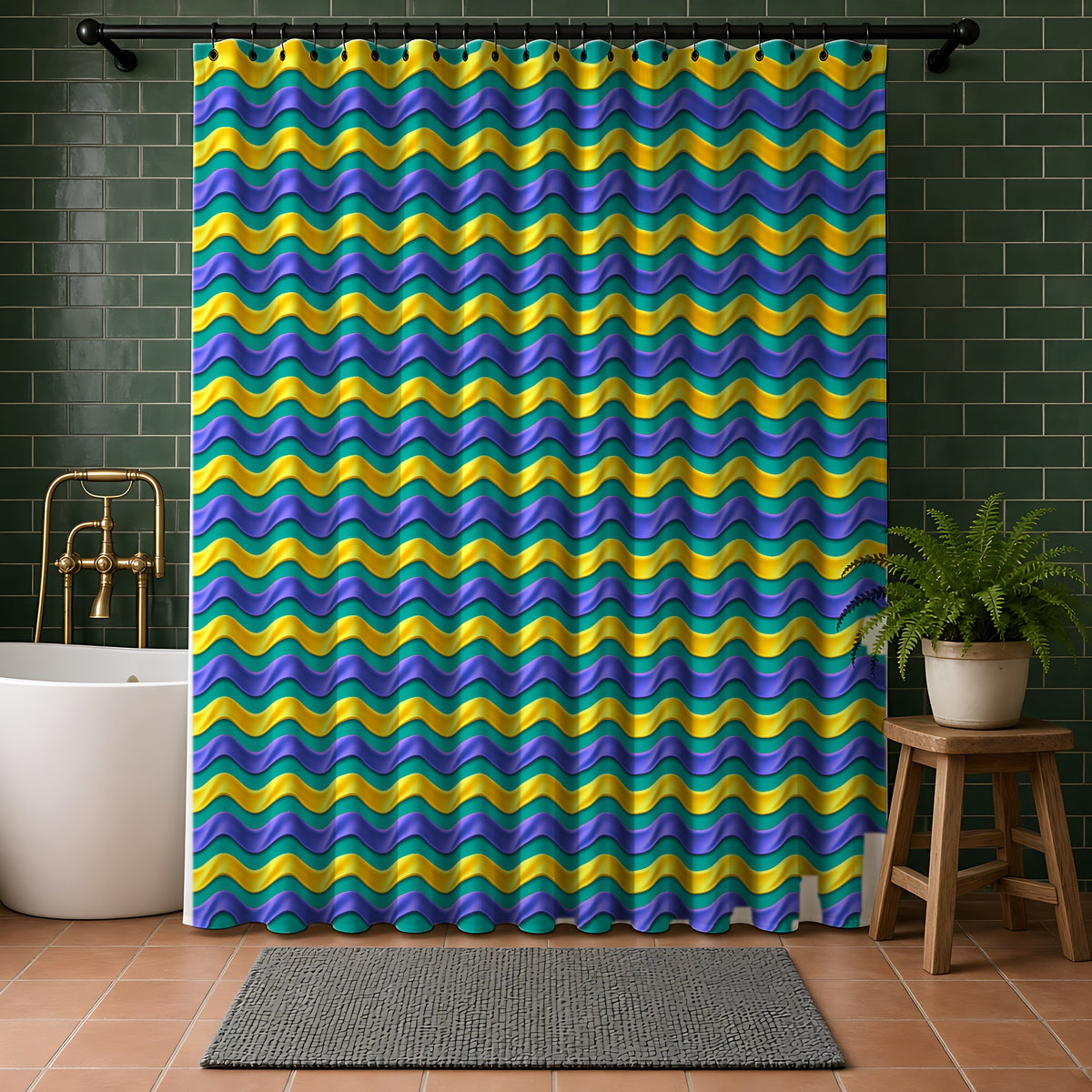 Satin Wave Bands Shower Curtain in a bathroom with dark green tiles
